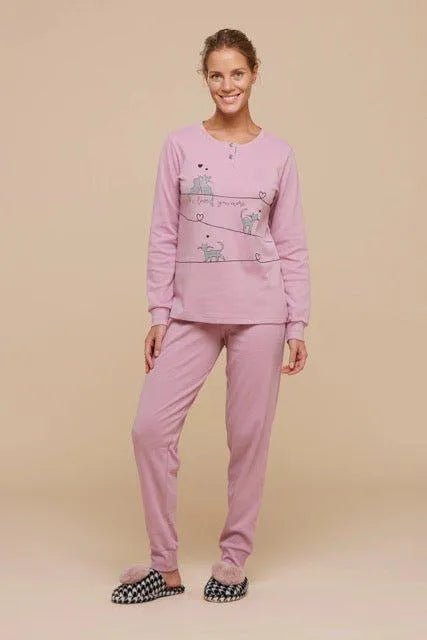 Pigiama serafino donna in caldo cotone Noidinotte Love Cat FA8336