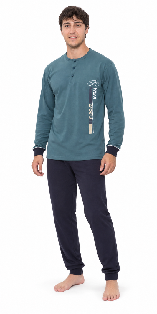 Pigiama uomo lungo Jersey serafino Gary puro cotone R60074