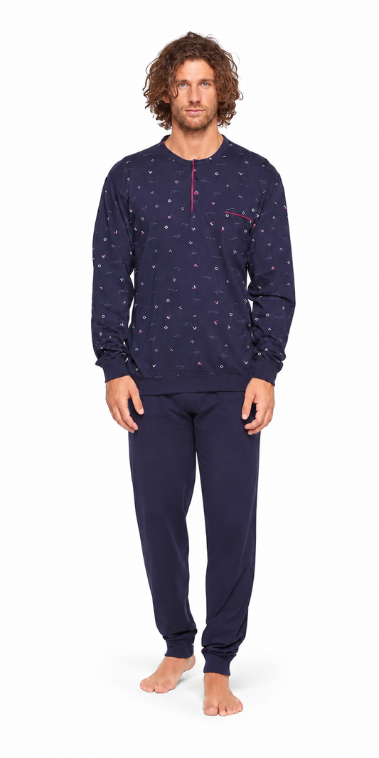 Pigiama uomo lungo Jersey serafino Gary puro cotone U60040