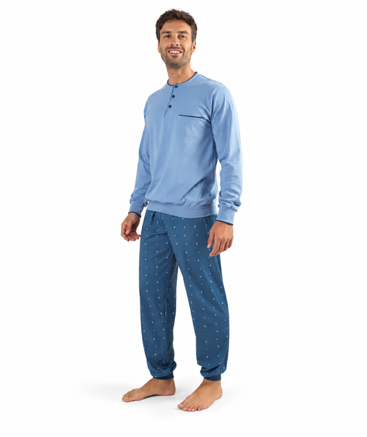 Pigiama uomo lungo Jersey serafino Gary puro cotone Z60030