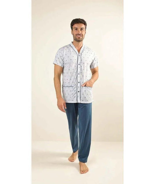 Pigiama uomo mezza manica pantalone lungo Jersey aperto Gary puro cotone Z60042