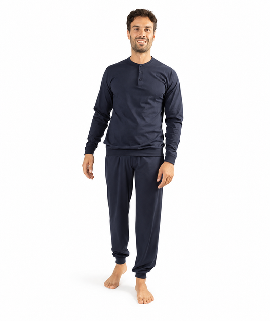 Pigiama uomo serafino jersey puro cotone tinta unita blu Gary CB65220