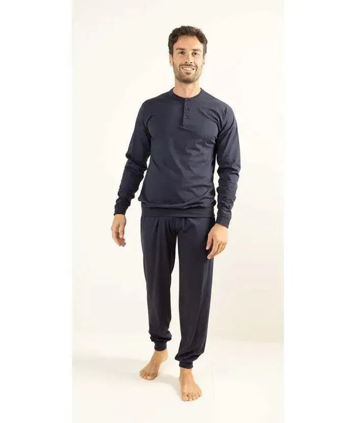 Pigiama uomo serafino jersey puro cotone tinta unita blu Gary CB65220