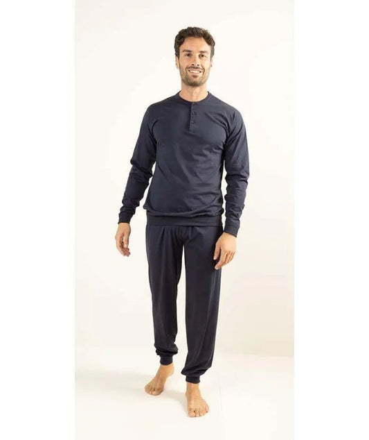 Pigiama uomo serafino jersey puro cotone tinta unita blu Gary CB65220