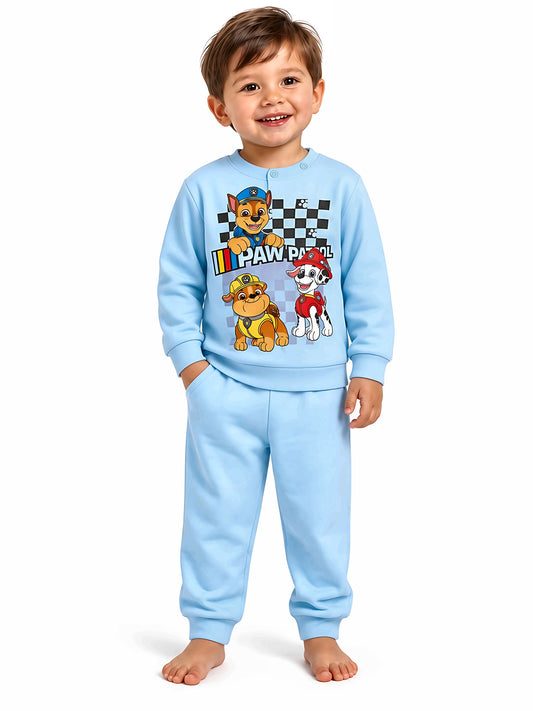 Pigiama caldo cotone Paw Patrol interlock neonato bambino PP32K9136 colore Azzurro indossato, vista anteriore, sfondo bianco.
