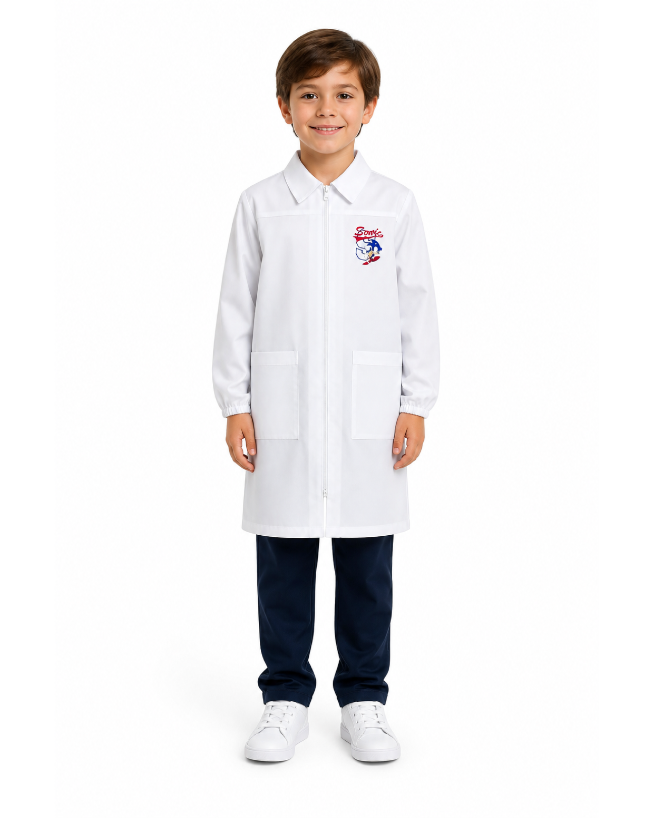 Grembiule bianco asilo bambino con zip centrale Sonic Nintendo G406ZIPA26