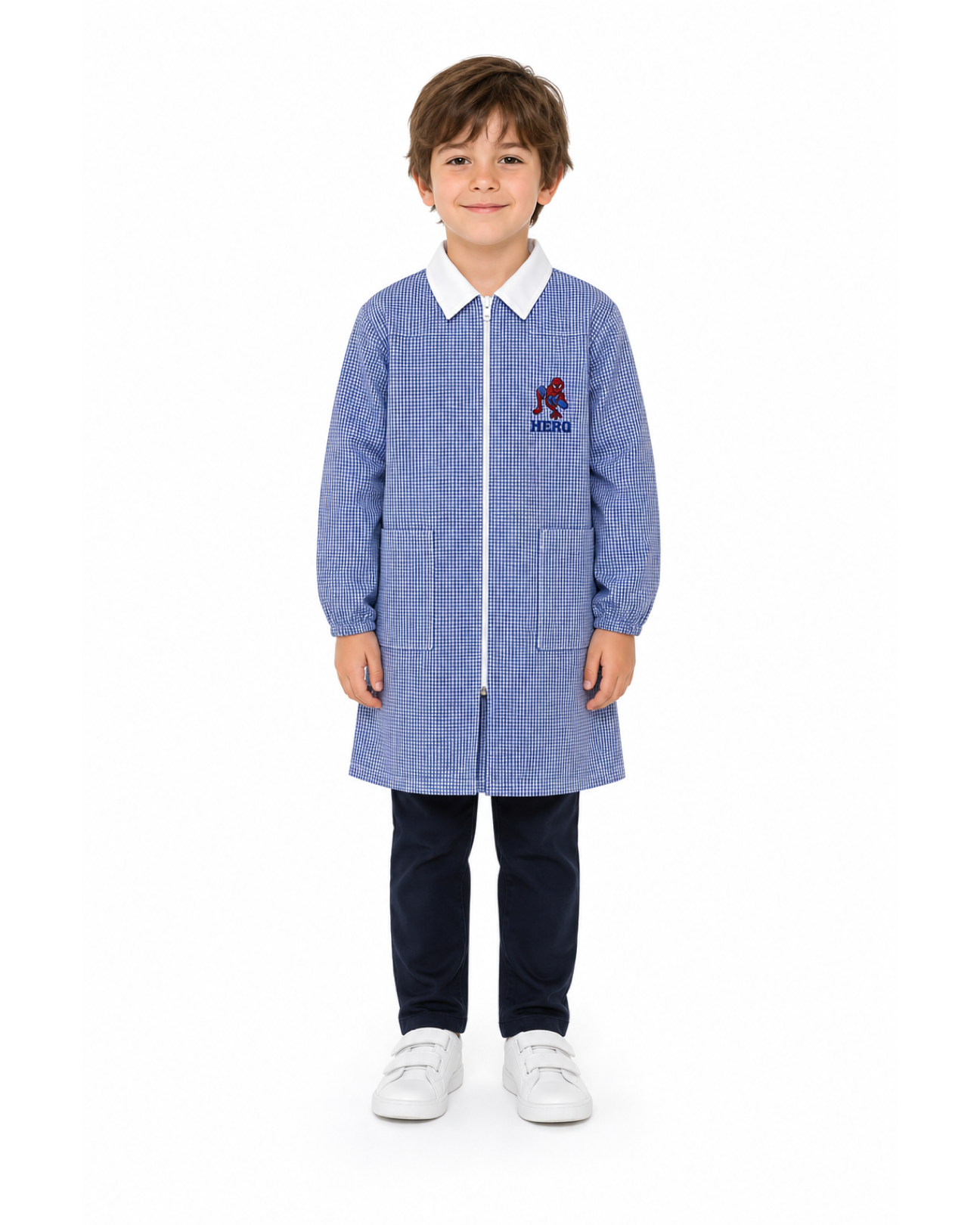 Grembiule quadretti azzurri asilo bambino con zip centrale Spiderman Marvel G404ZIPA26
