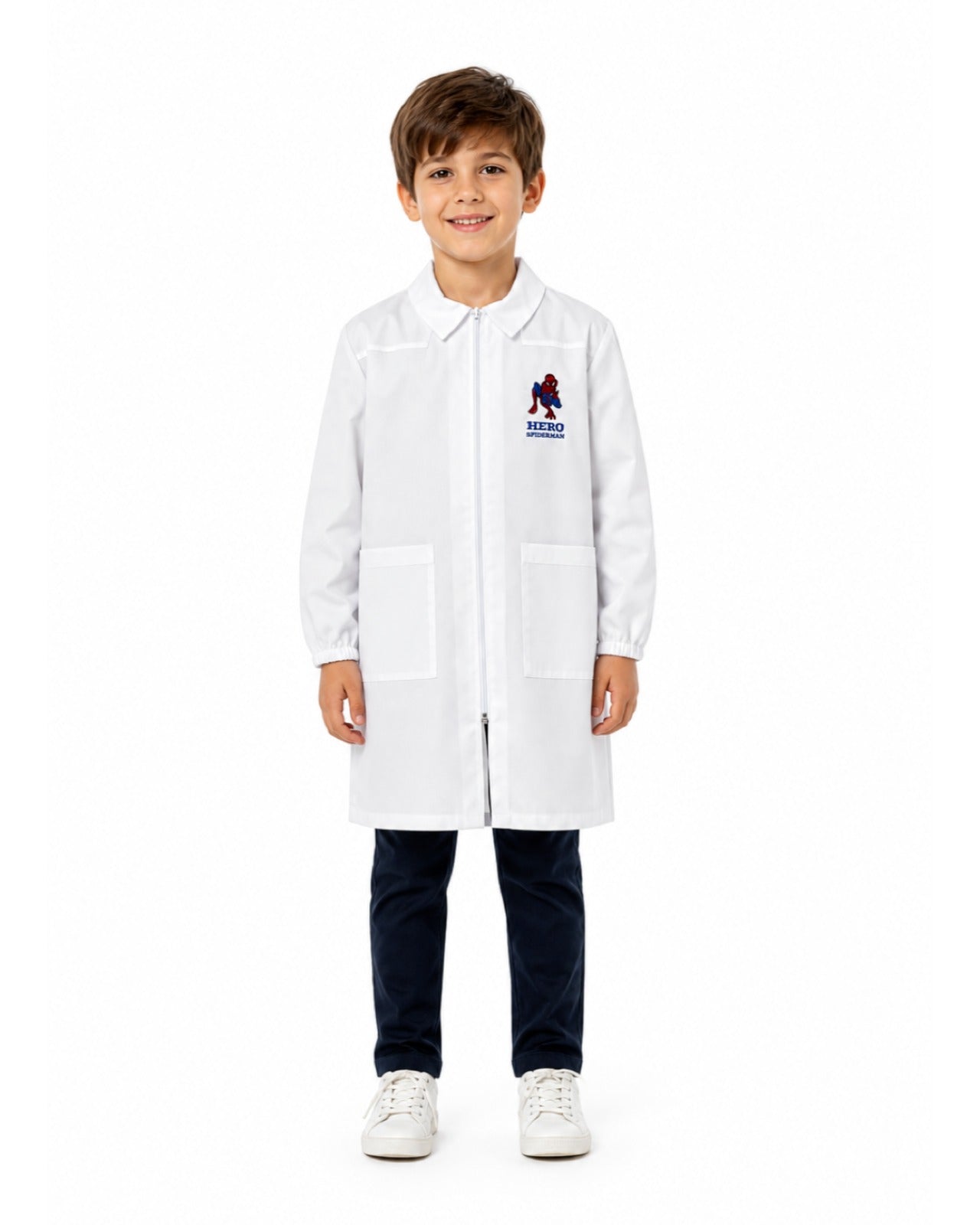 Grembiule bianco asilo bambino con zip centrale Spiderman Marvel G404ZIPA26
