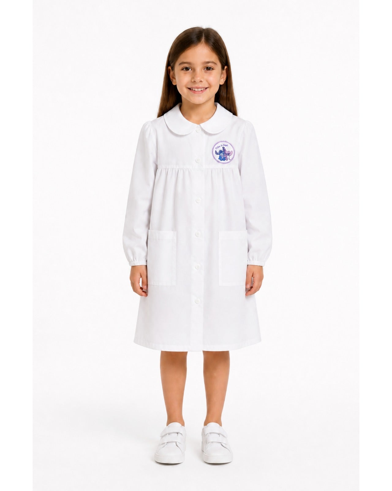 Grembiule asilo bianco bambina made in Italy con abbottonatura centrale Disney ricamo Stitch G108A26