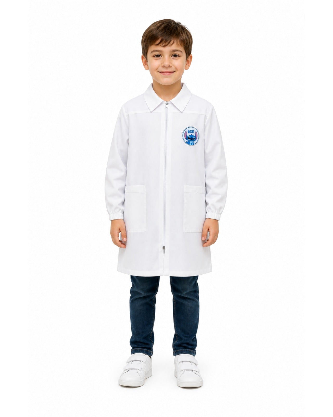 Grembiule bianco asilo bambino con zip centrale Stitch Disney G407ZIPA26