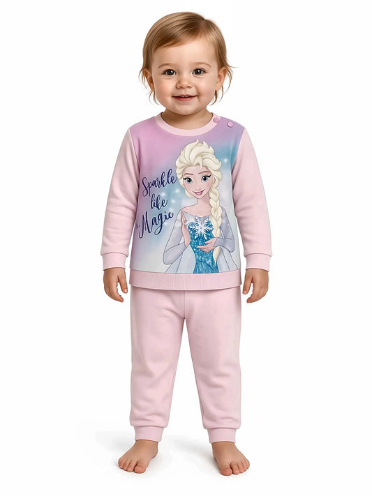 Pigiama caldo cotone neonata bambina Frozen Disney interlock 45714, colore ROSA: bimba che indossa il pigiama, foto a figura intera su sfondo bianco
