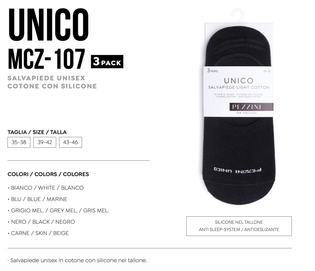 Confezione da 3 paia di salvapiede uomo/donna Pezzini Unico MCZ-107 - Caos Intimo Donna - Uomo - Bambini - Casa - Pezzini