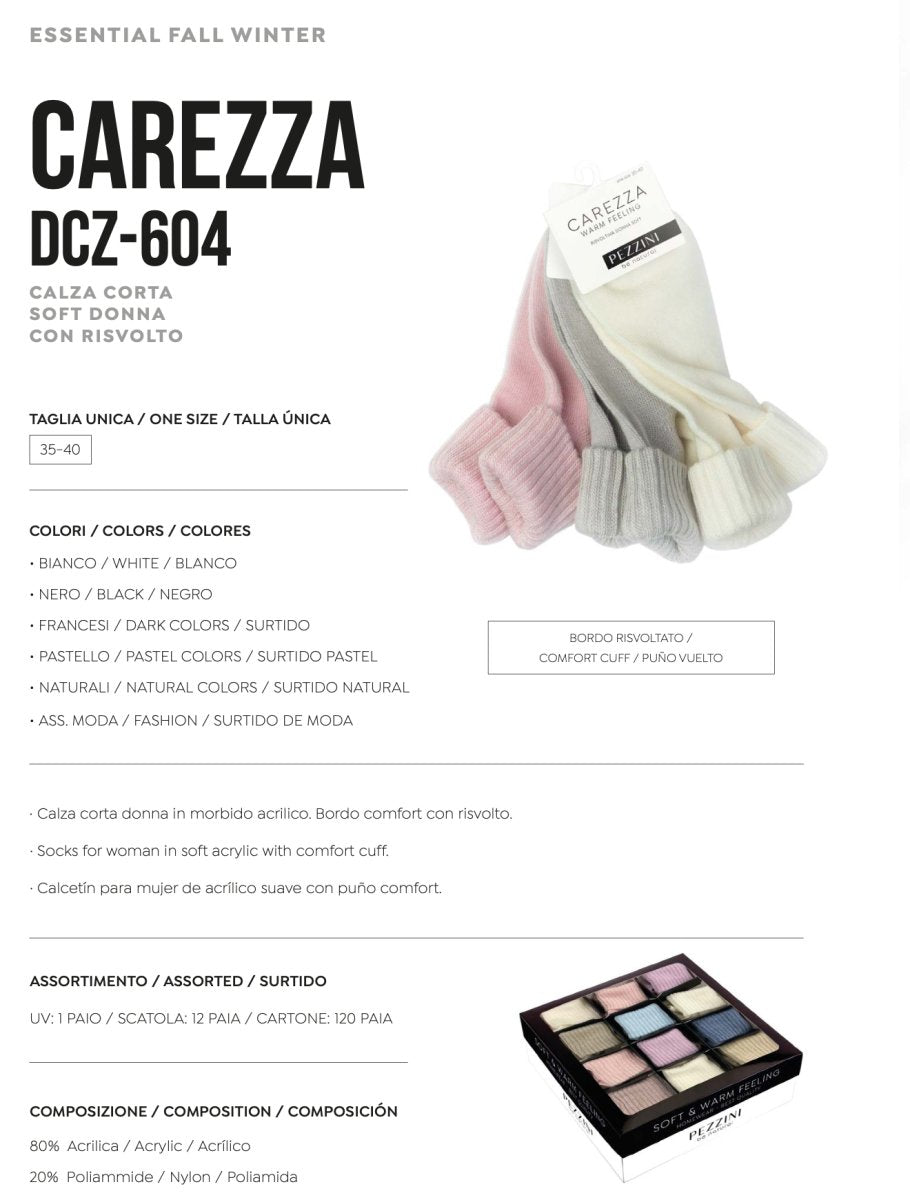 Confezione da 6 paia di calze corte in morbido acrilico super soft con risvolto Pezzini Dcz - 604 Carezza - Caos Intimo Donna - Uomo - Bambini - Casa - Pezzini