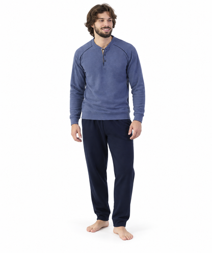 Pigiama uomo invernale collo serafino punto Milano Gary flanellato 6352 - DENIM - foto su fondo bianco