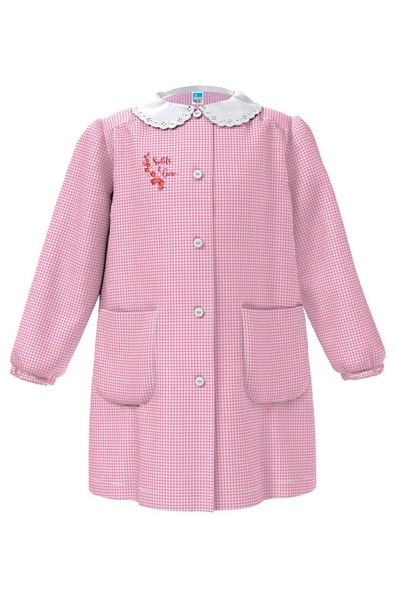 Grembiule asilo bambina con abbottonatura centrale centrale Siggi ricamo Smile e Love a quadretti rosa 4030
