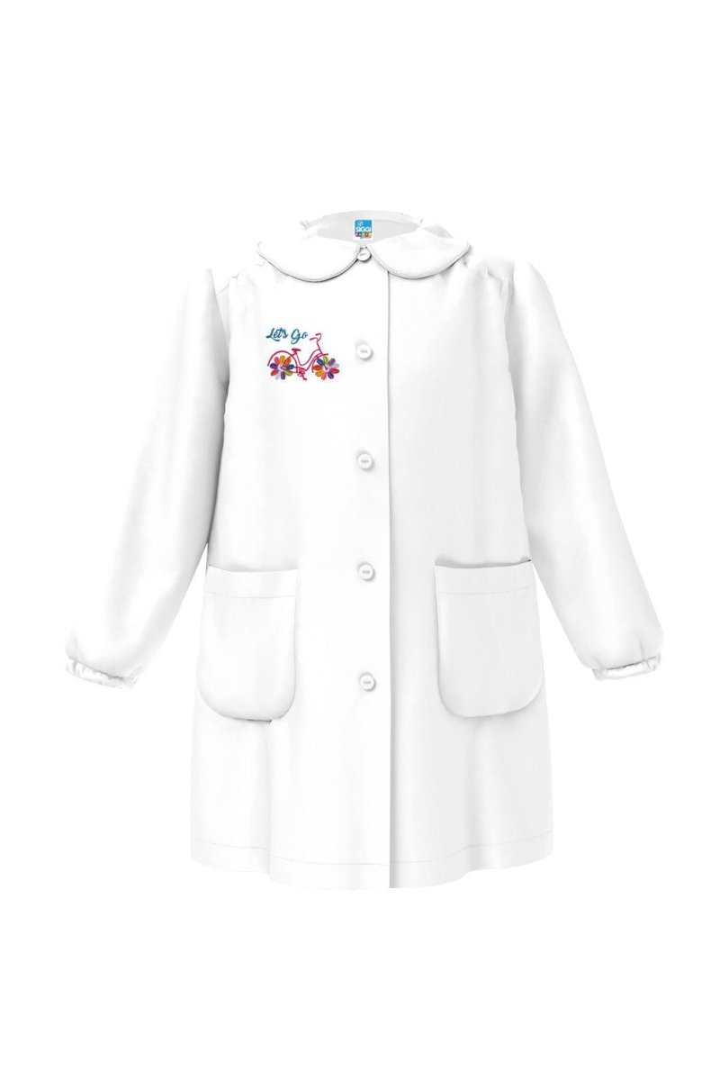Grembiule asilo bambina con abbottonatura centrale Siggi made in Italy ricamo Bici 3569