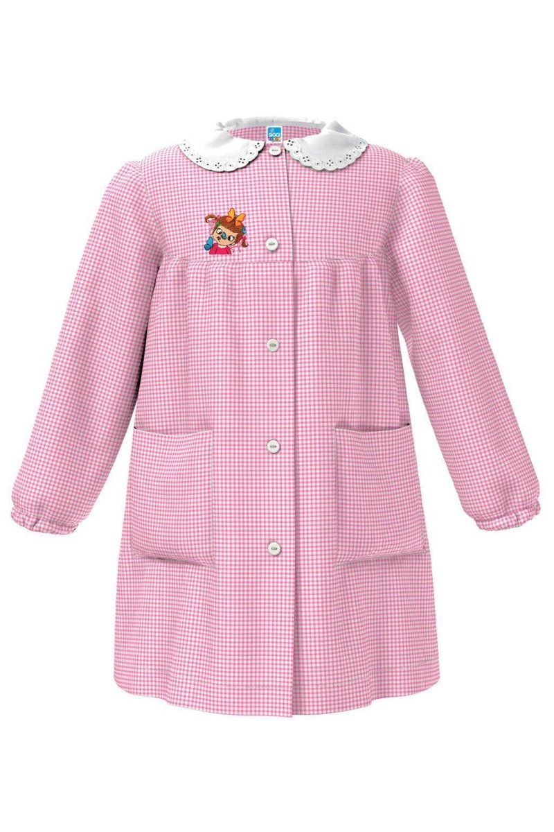 Grembiule asilo bambina con abbottonatura centrale Siggi ricamo Pippi a quadretti rosa 4173