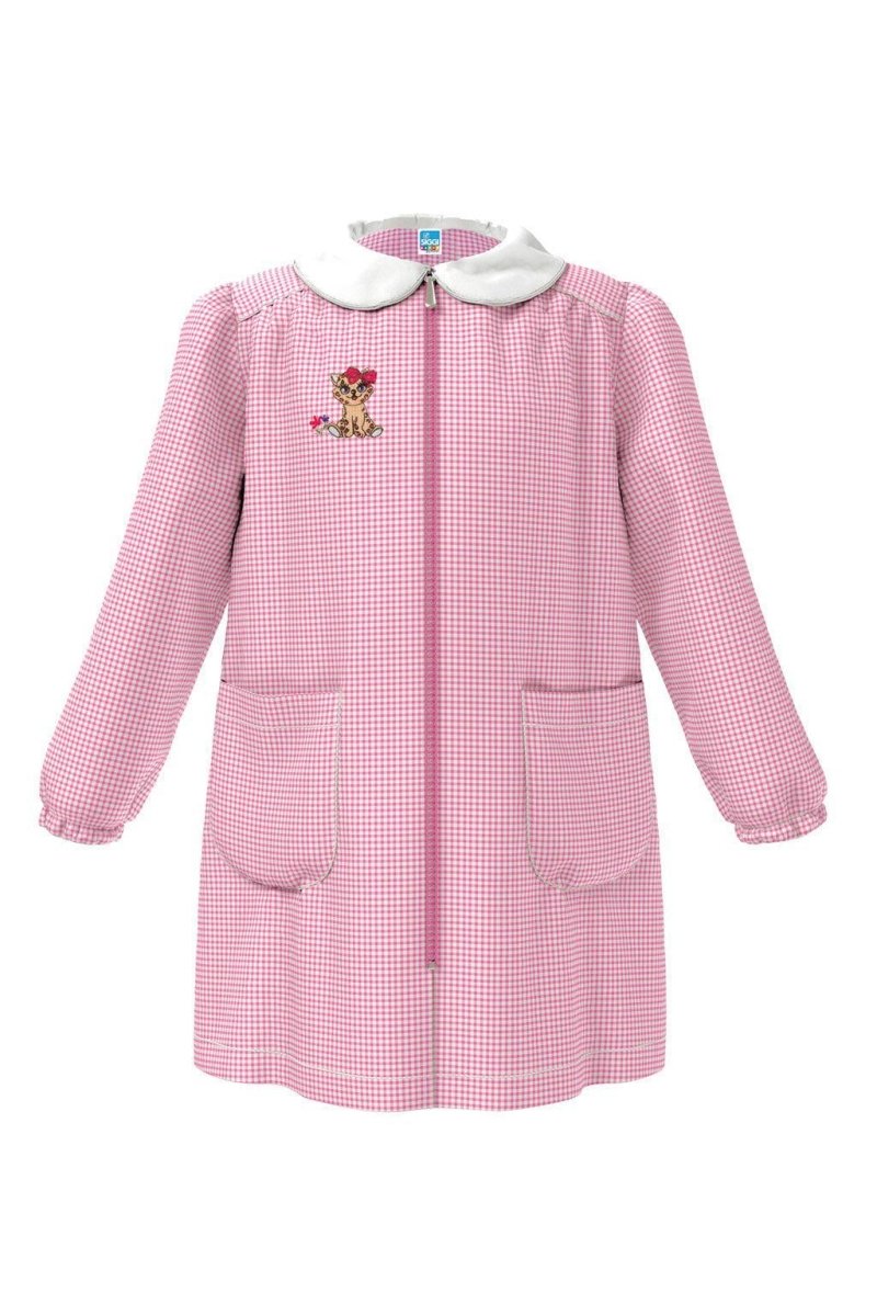 Grembiule asilo bambina con zip centrale Siggi ricamo Gattino a quadretti rosa 3884