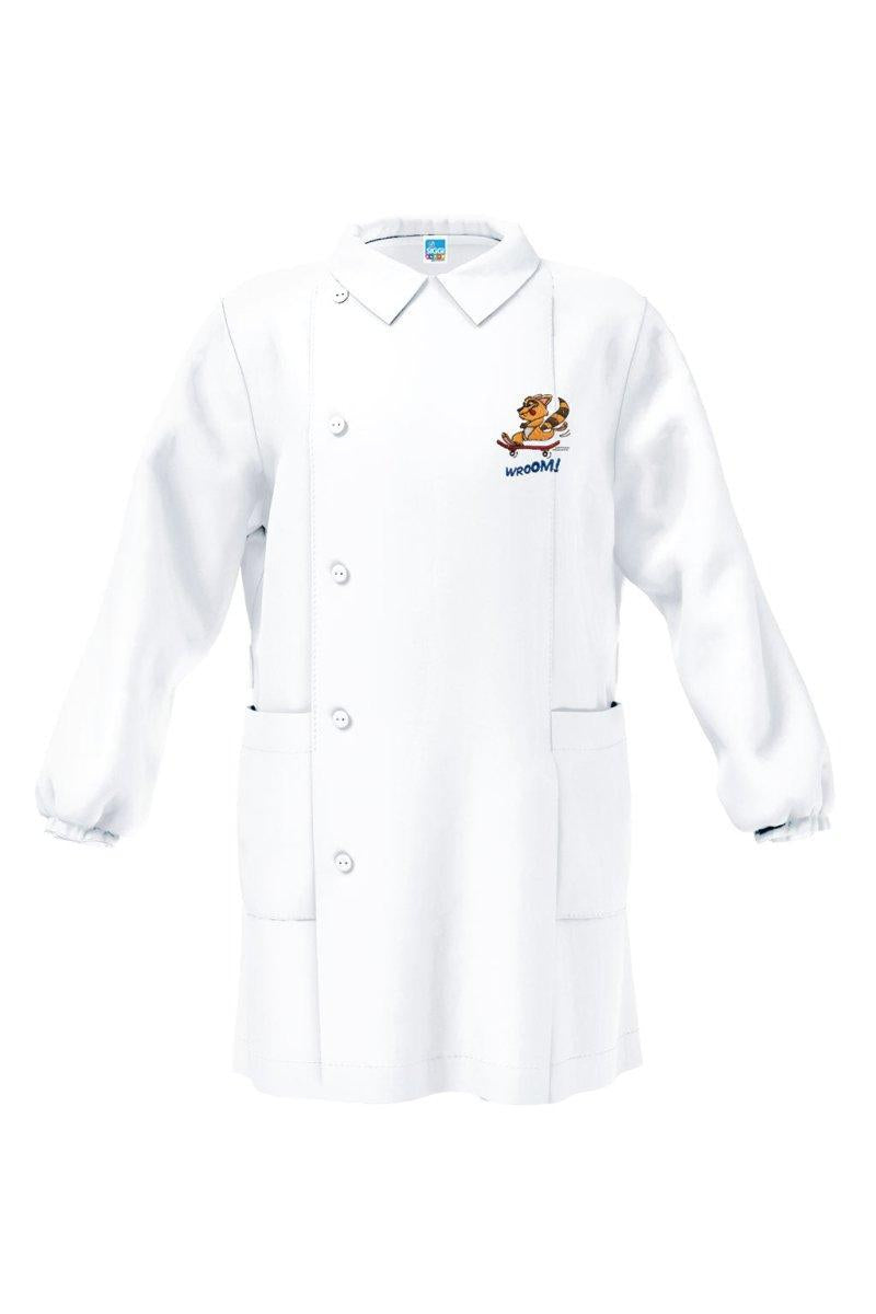 Grembiule asilo bianco bambino con abbottonatura laterale Siggi ricamo Vroom 3894