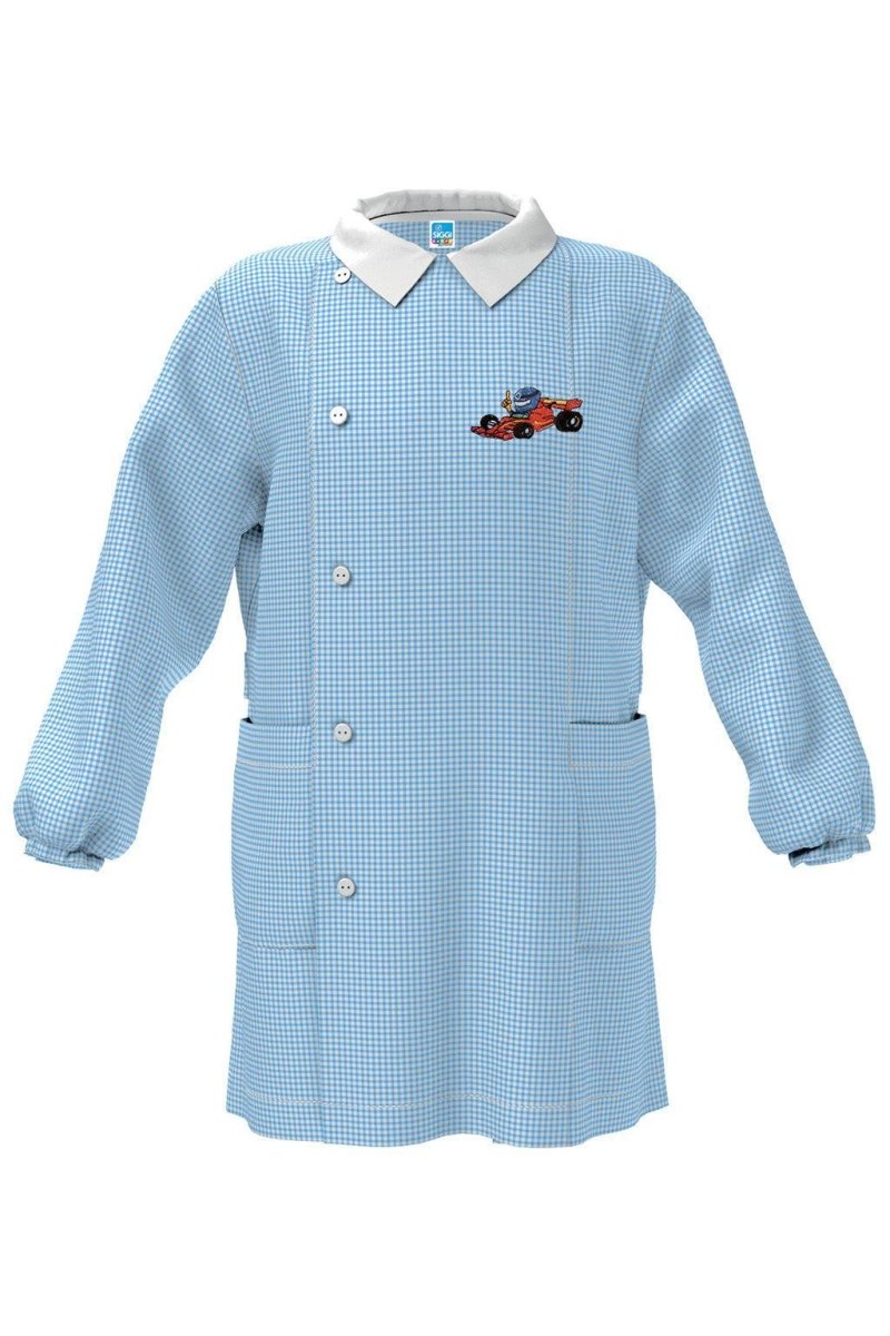 Grembiule asilo quadretti celesti bambino con abbottonatura laterale Siggi ricamo Car 4057