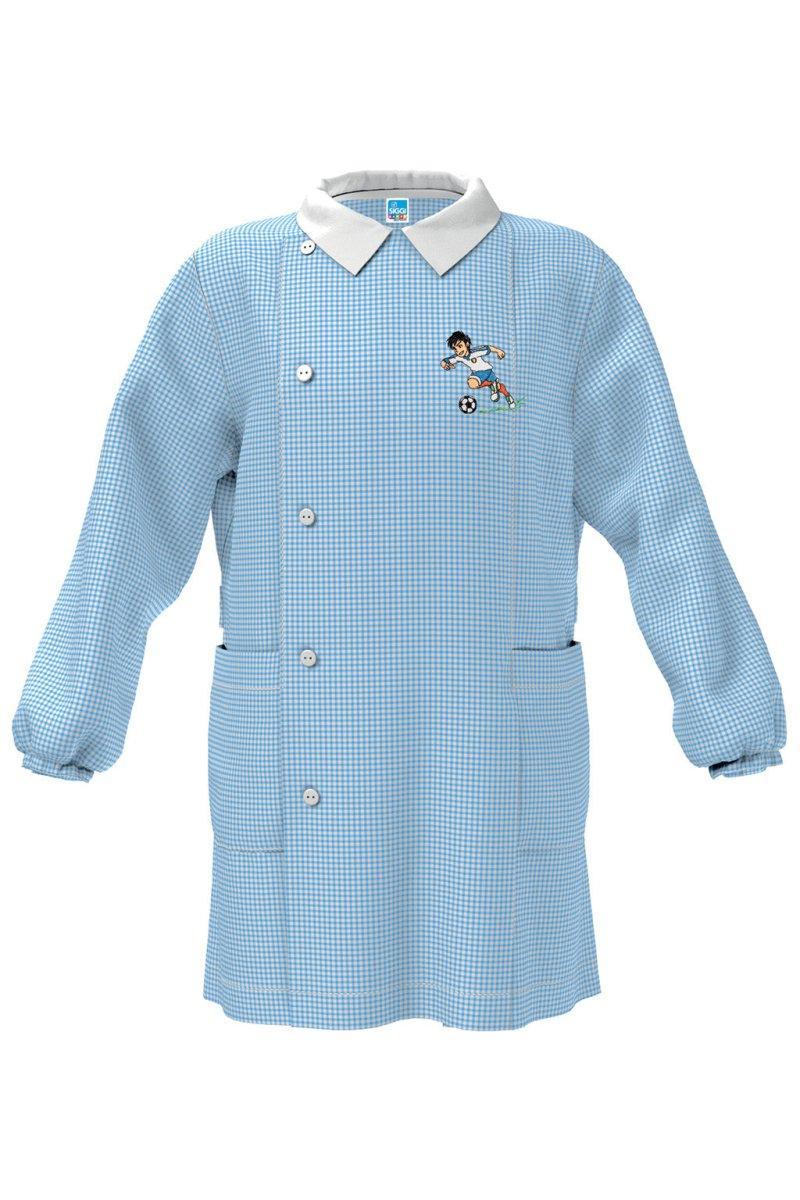 Grembiule asilo quadretti celesti bambino con abbottonatura laterale Siggi ricamo Italia 4043