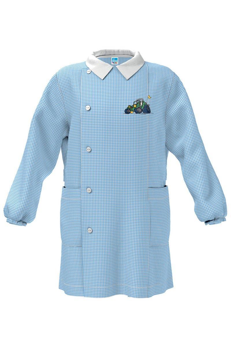 Grembiule asilo quadretti celesti bambino con abbottonatura laterale Siggi ricamo Quad 4041
