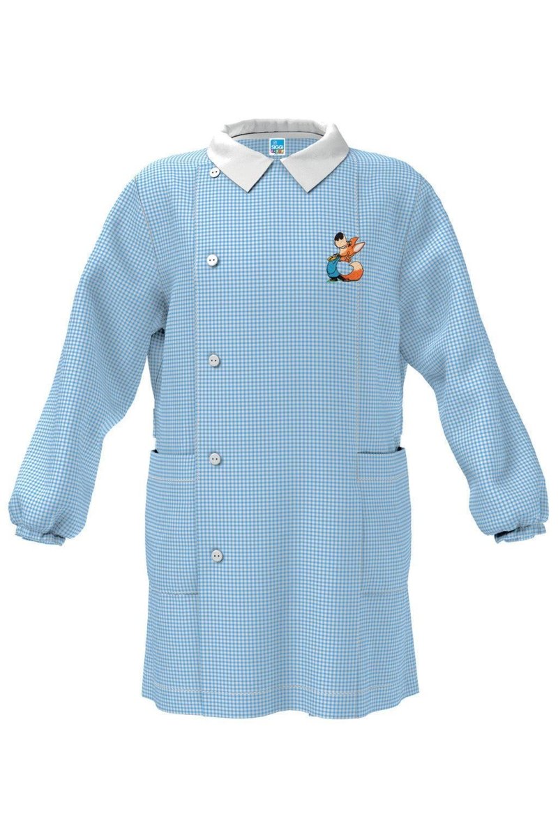 Grembiule asilo quadretti celesti bambino con abbottonatura laterale Siggi ricamo Volpe 4040