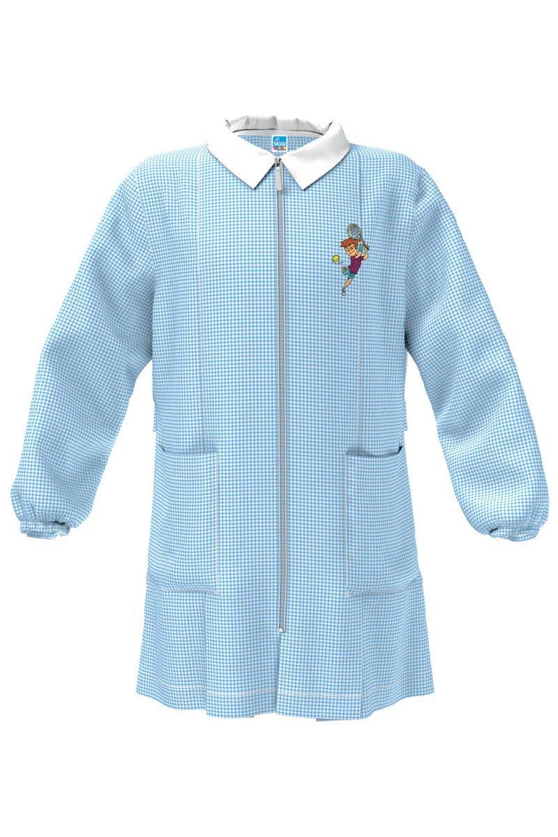 Grembiule asilo quadretti celesti bambino con zip Siggi ricamo Tennis 4052