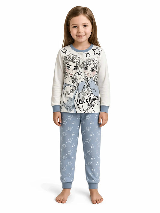 Pigiama caldo cotone Frozen Disney interlock bambina baby DY50A1380, colore PANNA/AZZURRO: bambina che indossa il pigiama, foto a figura intera su sfondo bianco