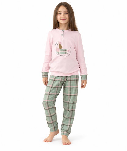 Pigiama invernale bambina/ragazza interlock Gary 3180 - ROSA CREMA - foto su fondo bianco