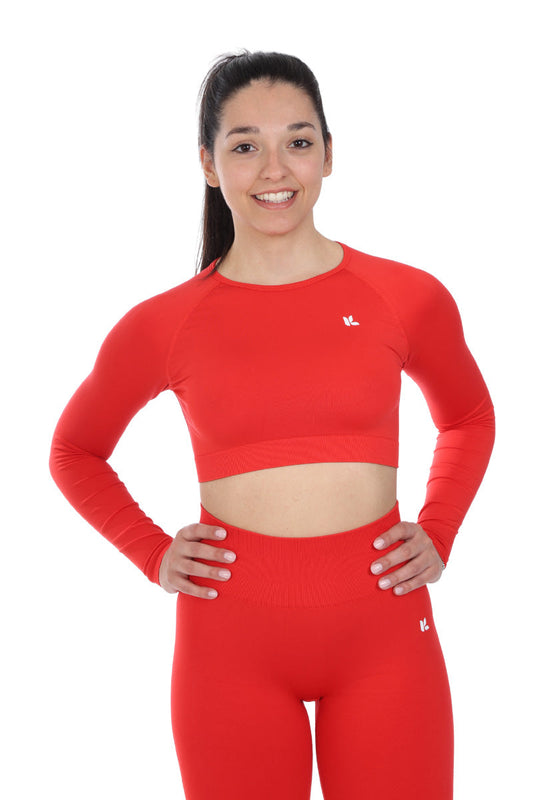 Crop Top rosso corallo modello CALLIOPE a maniche lunghe