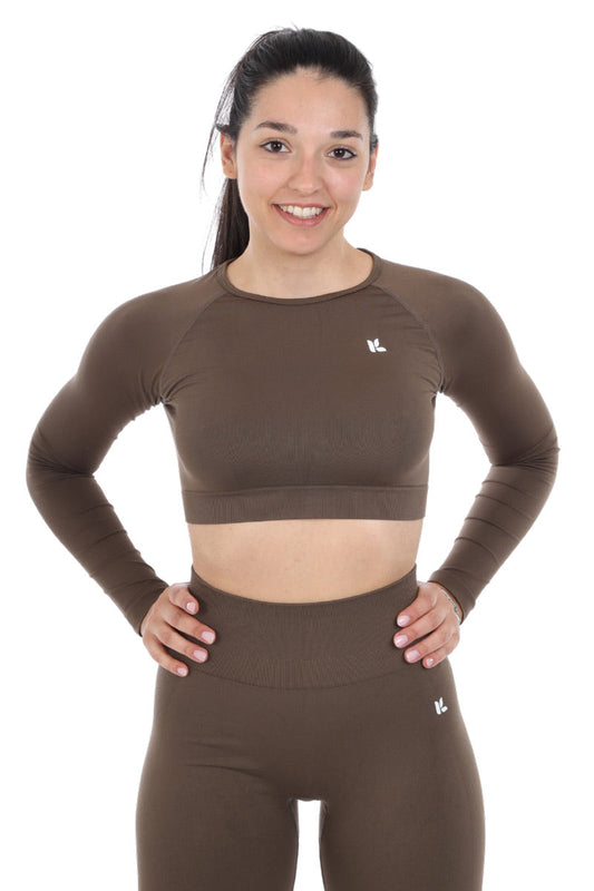Crop Top marrone modello CALLIOPE a maniche lunghe