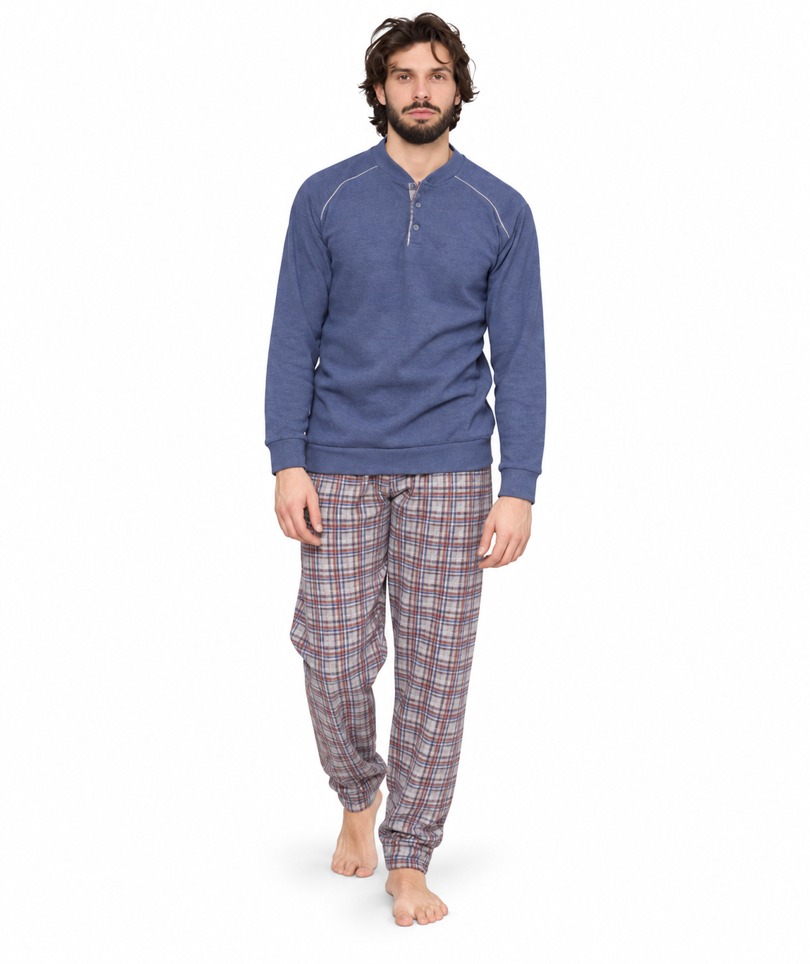 Pigiama uomo serafino Gary calibrato punto milano flanellato 6345CONF - DENIM - foto su fondo bianco