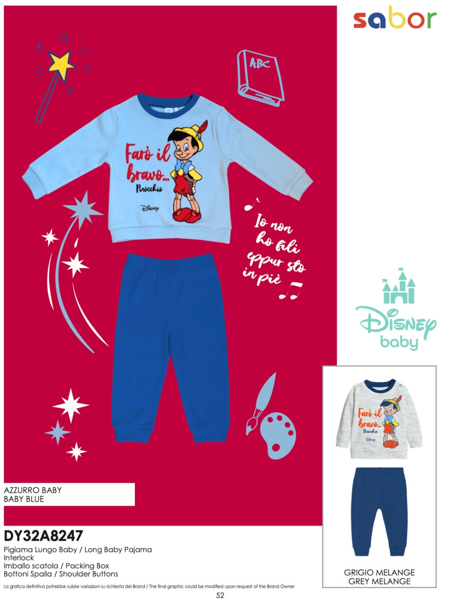 Pigiama caldo cotone Pinocchio Disney interlock neonato baby DY32A8247 - Caos Intimo Donna - Uomo - Bambini - Casa - Disney