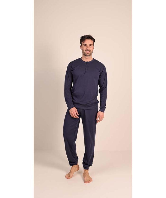 Pigiama uomo serafino invernale interlock tinta unita blu Gary CB65200