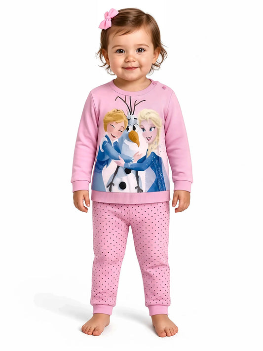 Pigiama caldo cotone neonata bambina Frozen Disney interlock 45713, colore QUARZO: bimba che indossa il pigiama, foto a figura intera su sfondo bianco
