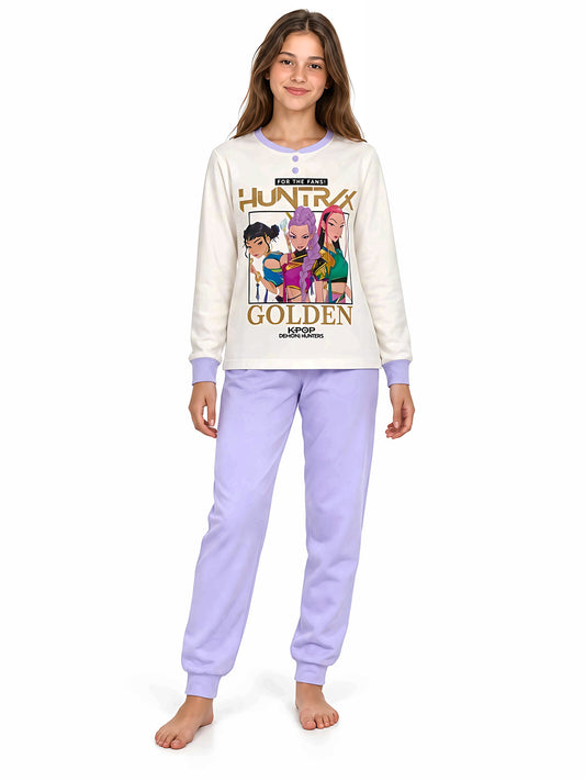 Pigiama caldo cotone Huntrix Demon Hunters K-Pop interlock ragazza KP50L6764C colore Panna indossato, vista anteriore, sfondo bianco.