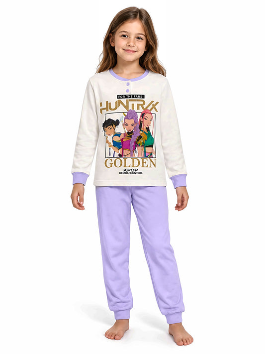 Pigiama caldo cotone Huntrix Demon Hunters K-Pop interlock bambina KP50L6764 colore Panna indossato, vista anteriore, sfondo bianco.