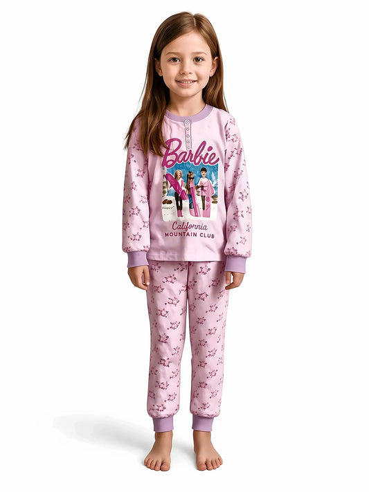 Pigiama caldo cotone Barbie interlock bambina baby DY50C6250, colore ROSA: bambina che indossa il pigiama, foto a figura intera su sfondo bianco