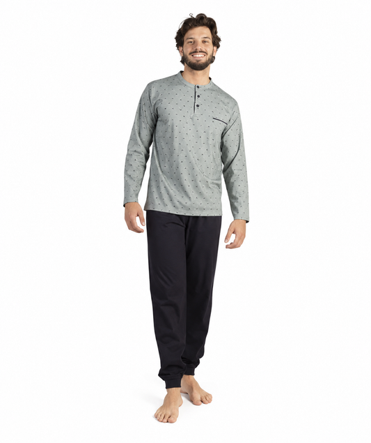 Pigiama uomo lungo Jersey serafino Gary puro cotone 6240 - VERDE MILITARE