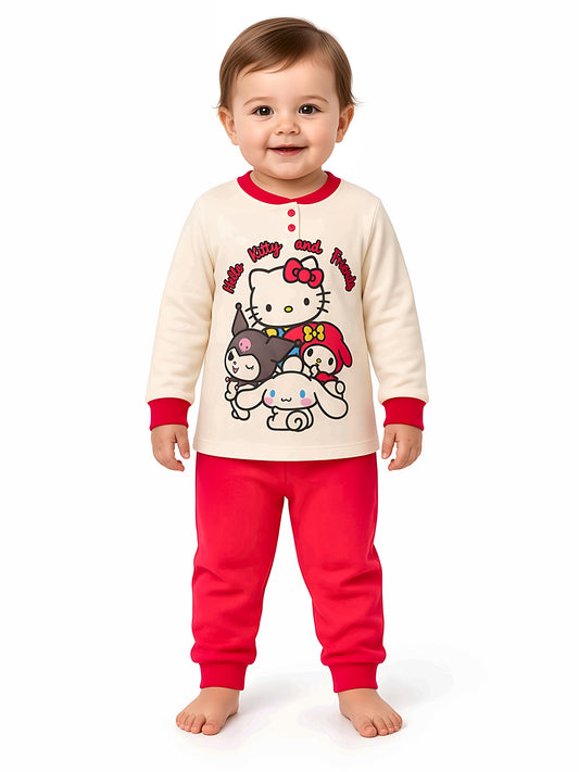 Pigiama cotone felpato Hello Kitty bambina baby HK50A5555 colore Burro indossato, vista anteriore, sfondo bianco.