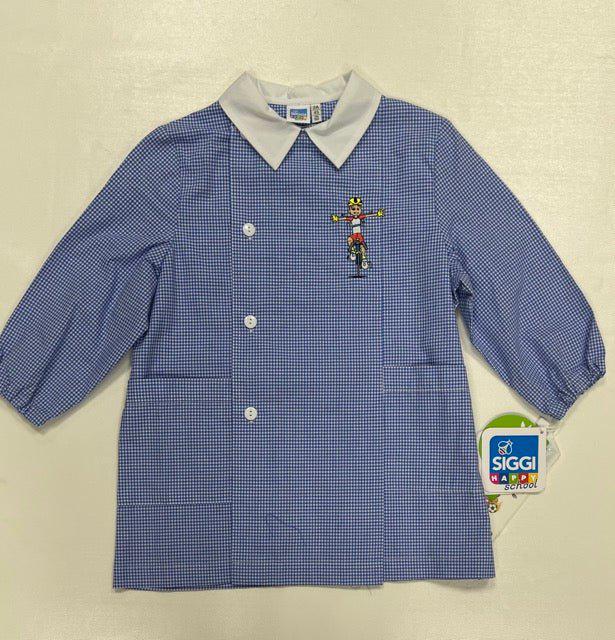Grembiule asilo quadretti azzurri bambino con abbottonatura laterale Siggi ricamo Bici 3889
