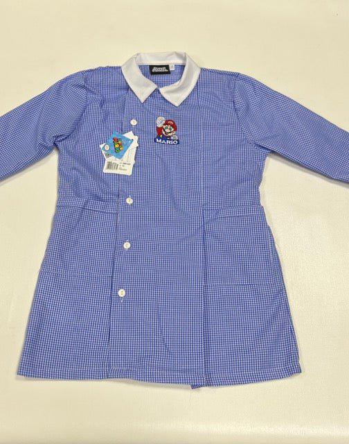 Grembiule quadretti azzurri asilo bambino con abbottonatura laterale Nintendo Super Mario Bros G304