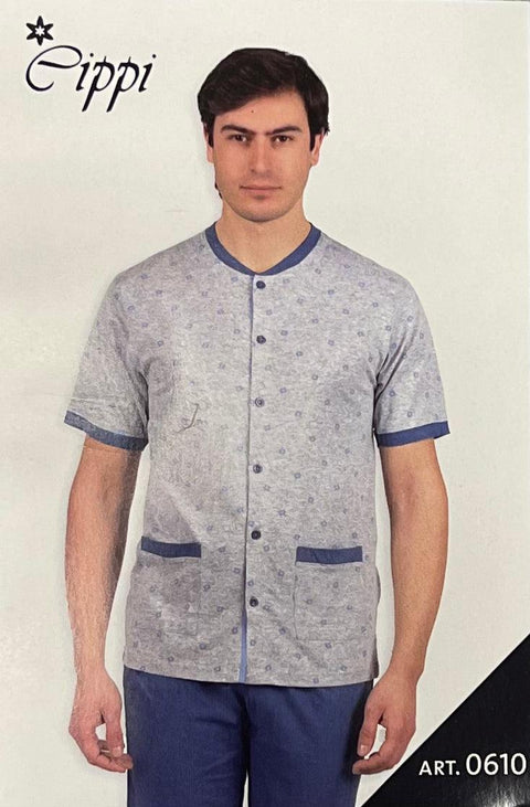 Pigiama aperto uomo calibrato mezza manica pantalone lungo Cippi 100% cotone 0610