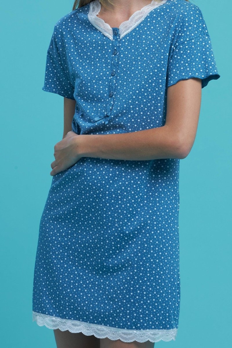 Camicia da notte serafino donna mezza manica cotone Noidinotte Delia Corason Stars LA2517AB - Caos Intimo Donna - Uomo - Bambini - Casa - Noidinotte