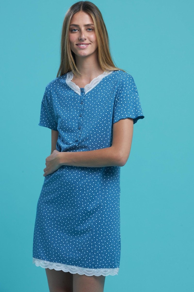 Camicia da notte serafino donna mezza manica cotone Noidinotte Delia Corason Stars LA2517AB - Caos Intimo Donna - Uomo - Bambini - Casa - Noidinotte