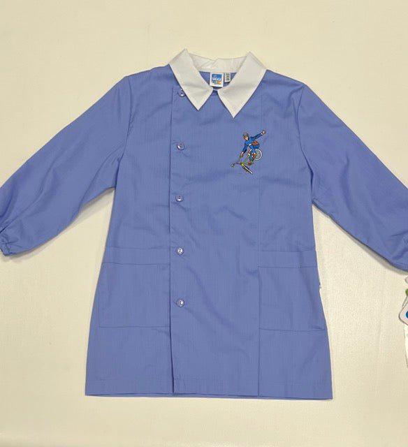 Grembiule con abbottonatura laterale scuola elementare celeste bambino Siggi Made in Italy ricamo Bici 3926
