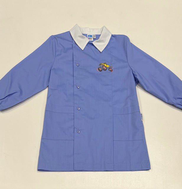 Grembiule con abbottonatura laterale scuola elementare celeste bambino Siggi Made in Italy ricamo Monster Truck 3925
