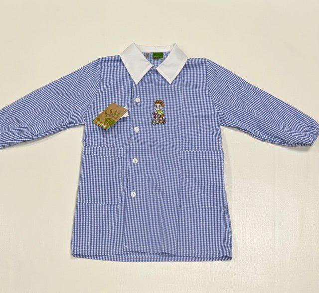 Grembiule quadretti azzurri asilo bambino con abbottonatura laterale Nazareno Gabrielli ricamo Bici 0701