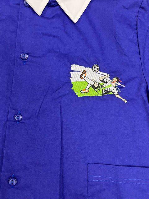 Grembiule scuola elementare bambino blu con abbottonatura laterale Calcio MN904